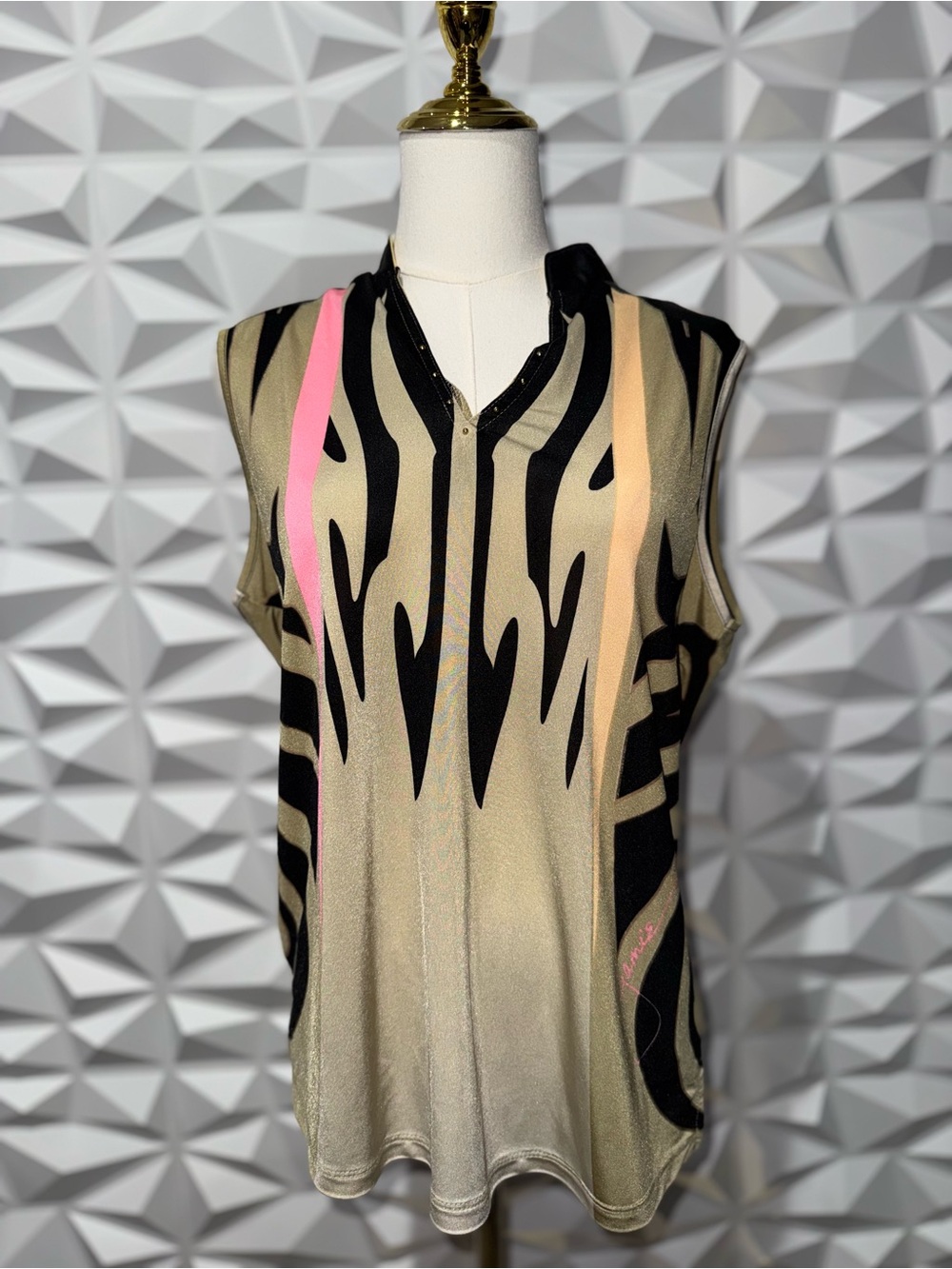 Jamie Sadock Sleeveless Animal-Print Golf Shirt with Pink Accents
